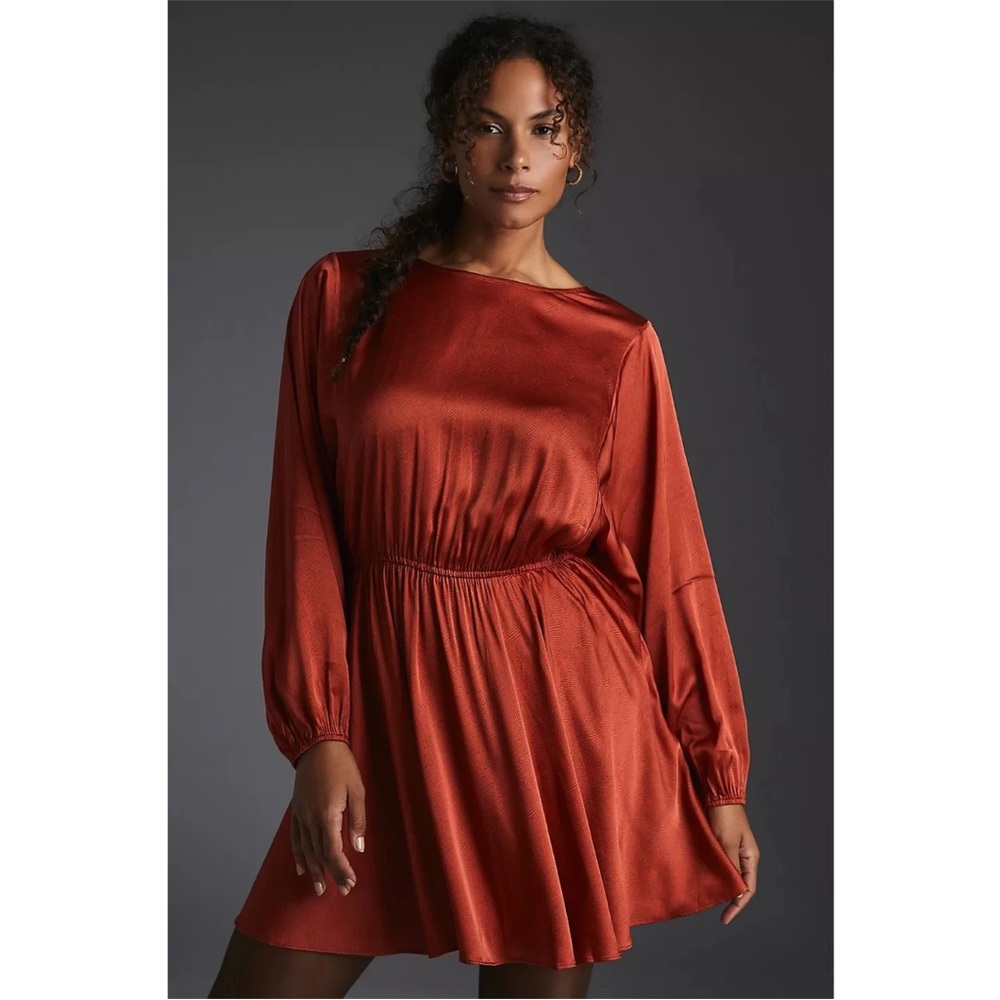 Anthropologie Caballero Satin Micro Printed Long-Sleeve Mini Dress